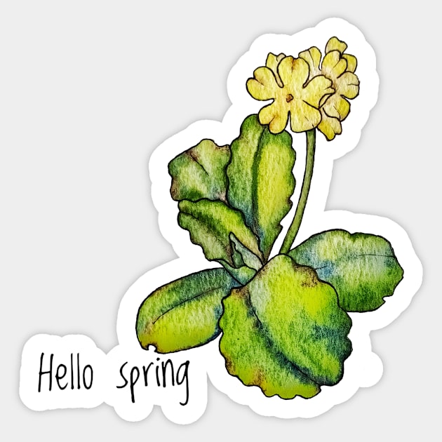 Hello spring.  T-shirt with primrose Sticker by Art by Taya 